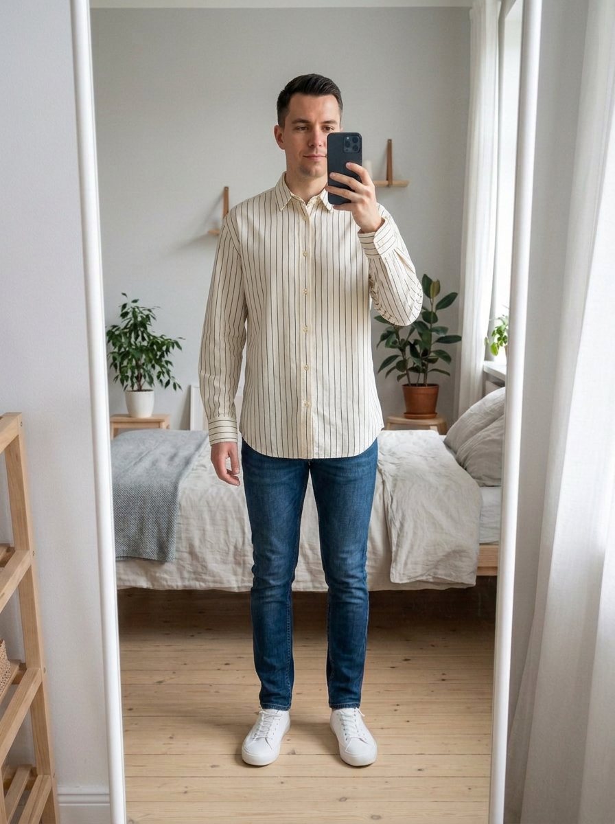 Try-on result: man in a cream striped linen shirt