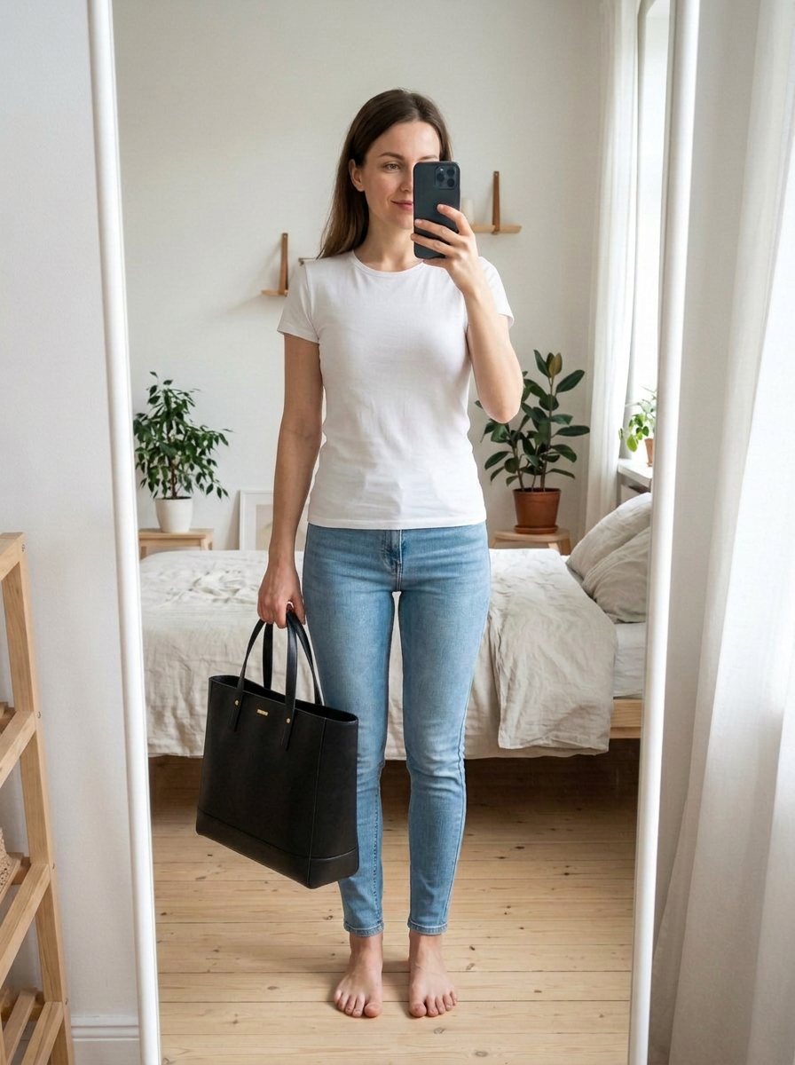 Try-on result: woman holding a black leather tote