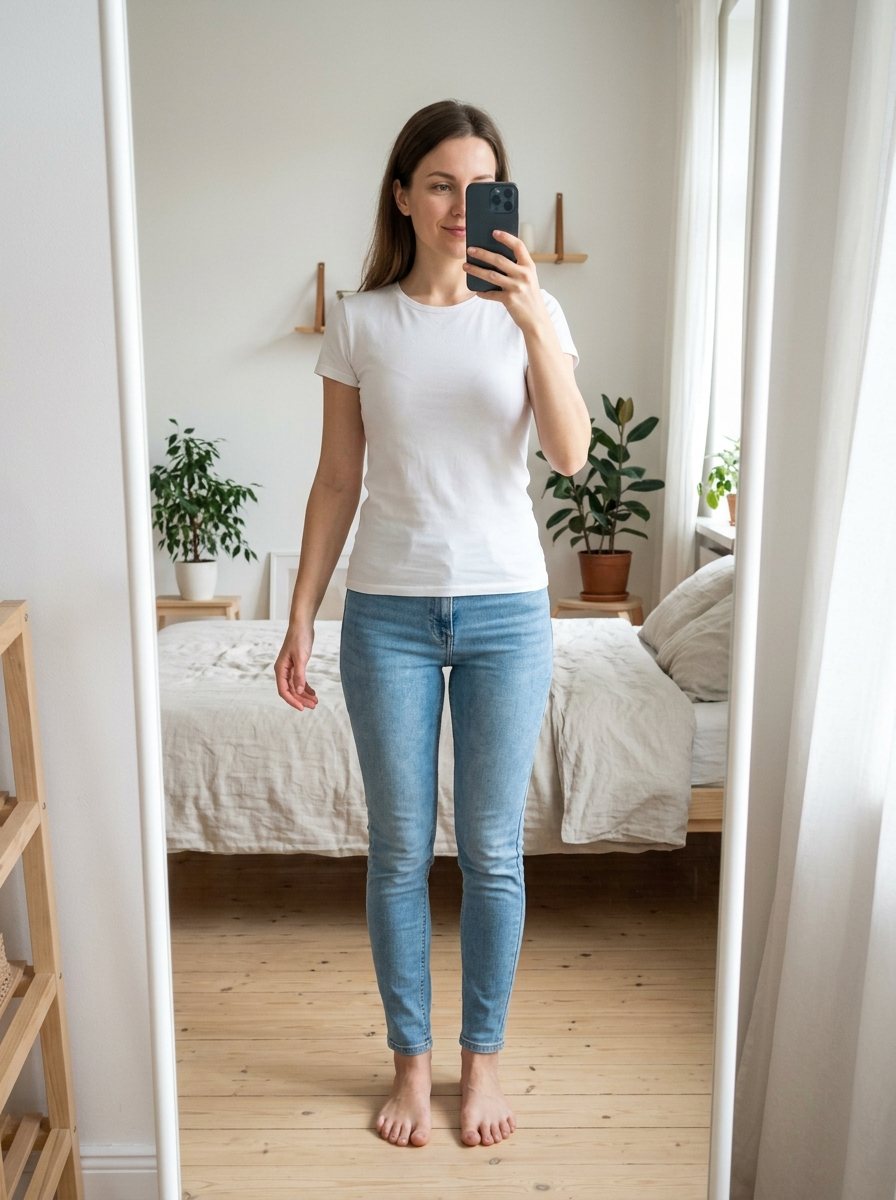 Original photo: a woman in a white t-shirt and jeans taking a mirror selfie