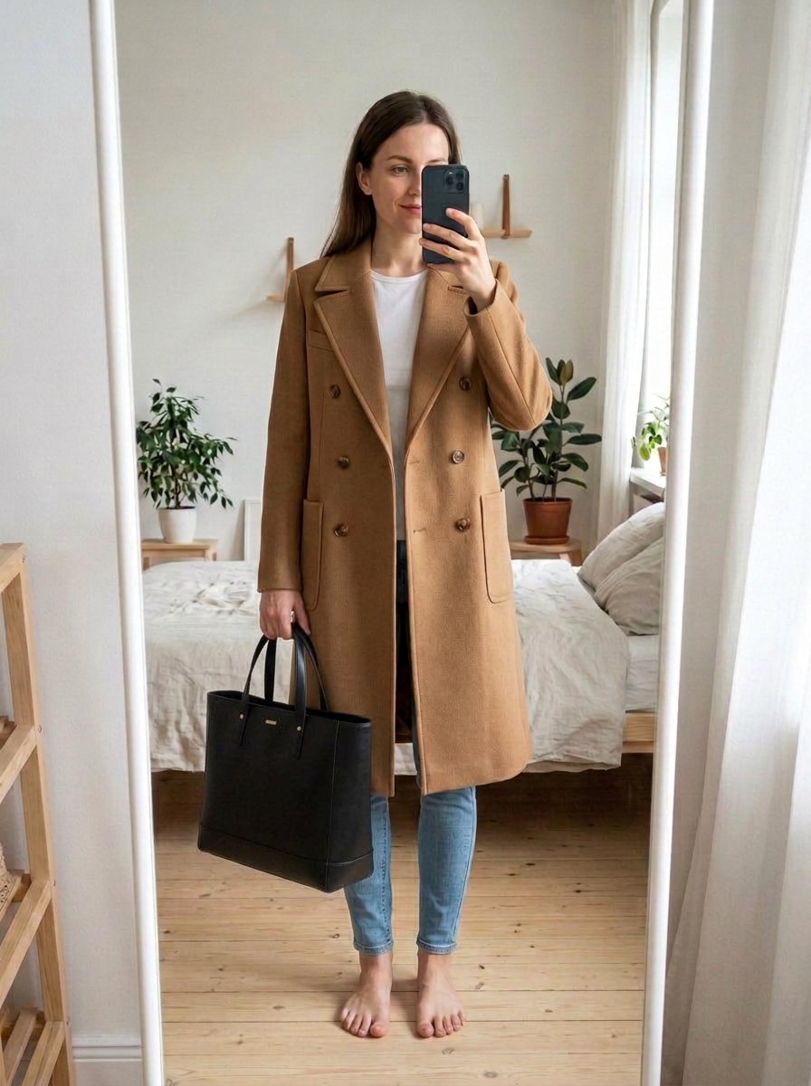 Try-on result: the coat with a black leather tote added
