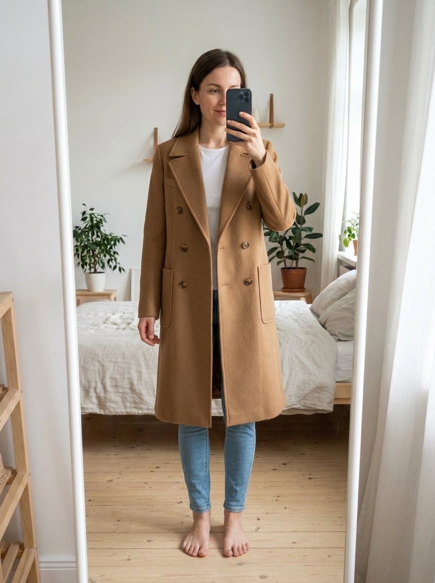 Try-on result: woman in a camel wool coat