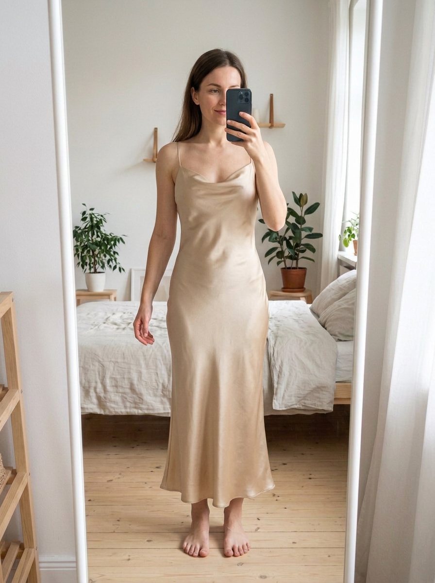 Try-on result: the same woman wearing a champagne satin slip dress